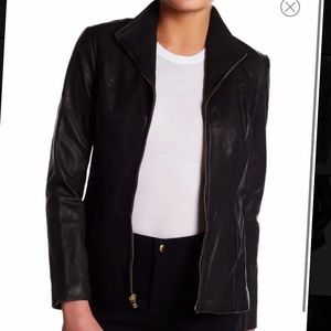 Cole Haan Leather Front Zip Wing Collar Jacket NEW